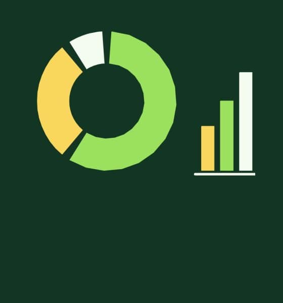 Illustration of a portfolio donut chart split among three colors beside three rising bars, representing a mix of stocks, bonds and cash.