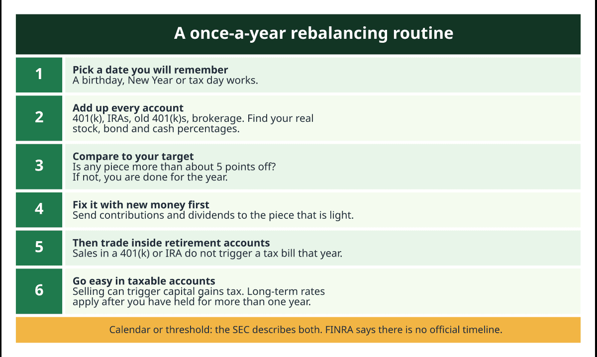 Six-step infographic for rebalancing your asset allocation once a year: pick a date, add up every account, compare to your target, fix it with new money first, trade inside retirement accounts, and go easy in taxable accounts.