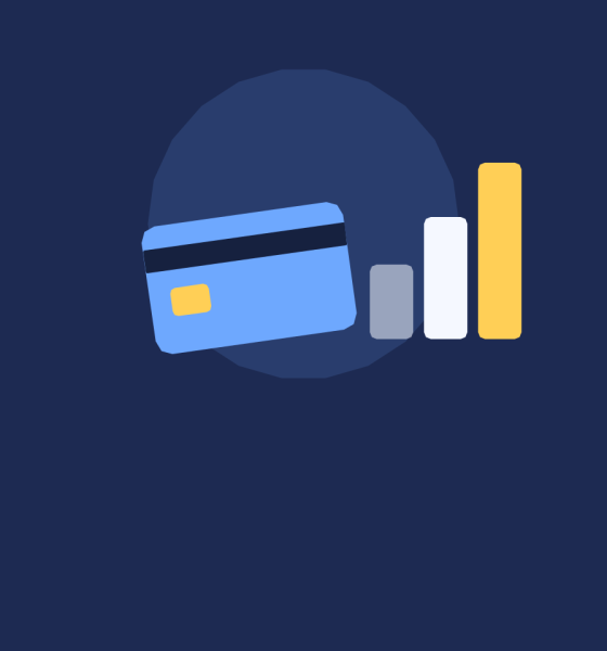 Illustration of a credit card next to three rising bars, representing a credit history that grows over time.