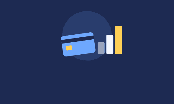 Illustration of a credit card next to three rising bars, representing a credit history that grows over time.