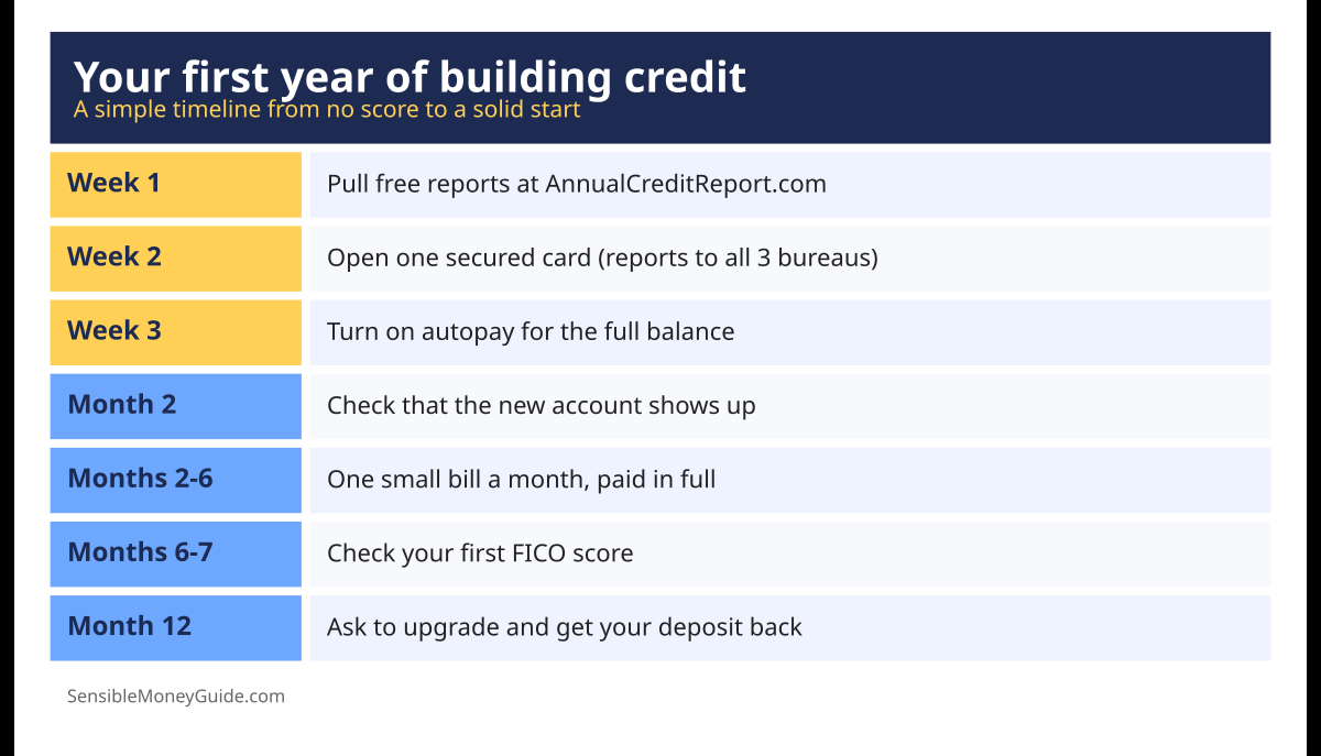 Timeline infographic for the first year of building credit: pull free reports in week 1, open a secured card in week 2, set up autopay in week 3, confirm reporting in month 2, pay one small bill monthly, check your first FICO score at months 6 to 7 and ask to upgrade at month 12.