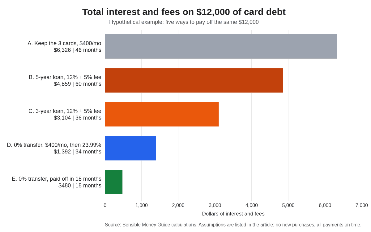 Horizontal bar chart comparing total interest and fees on $12,000 of card debt: $6,326 keeping the cards, $4,859 with a 5-year loan, $3,104 with a 3-year loan, $1,392 with a 0% transfer at $400 a month and $480 when the transfer is paid off in 18 months.