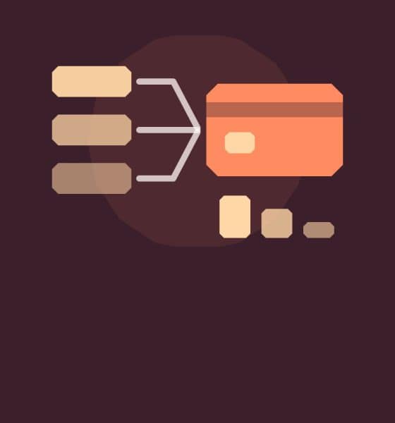 Illustration of three small cards merging into one larger card, with shrinking bars below it.