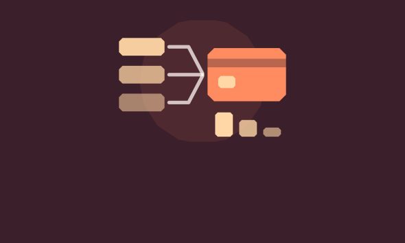 Illustration of three small cards merging into one larger card, with shrinking bars below it.