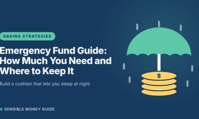 Illustration of an umbrella sheltering a stack of gold coins from rain, for a guide to emergency funds.