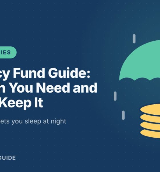 Illustration of an umbrella sheltering a stack of gold coins from rain, for a guide to emergency funds.