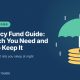 Illustration of an umbrella sheltering a stack of gold coins from rain, for a guide to emergency funds.