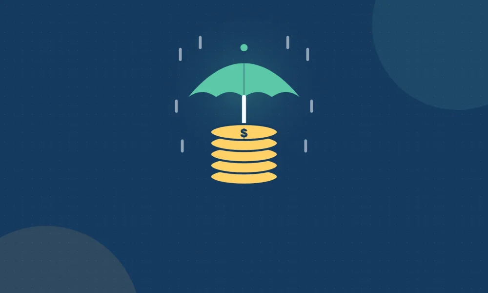 Illustration of an umbrella sheltering a stack of gold coins from rain, representing an emergency fund.