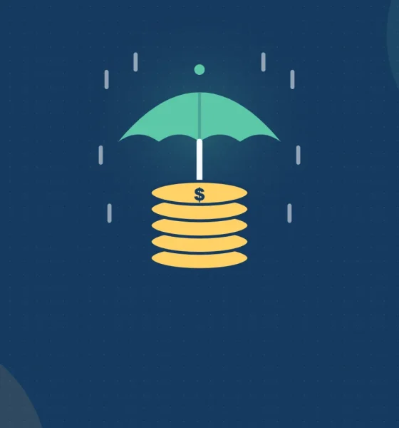 Illustration of an umbrella sheltering a stack of gold coins from rain, representing an emergency fund.