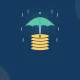 Illustration of an umbrella sheltering a stack of gold coins from rain, representing an emergency fund.