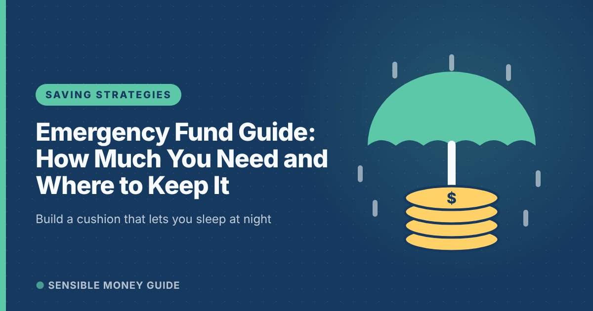 Illustration of an umbrella sheltering a stack of gold coins from rain, for a guide to emergency funds.