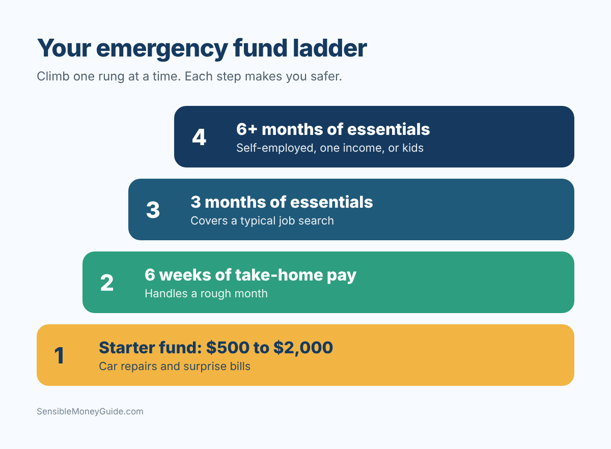 Infographic of an emergency fund ladder with four steps: a $500 to $2,000 starter fund, six weeks of take-home pay, three months of essentials, and six or more months of essentials.