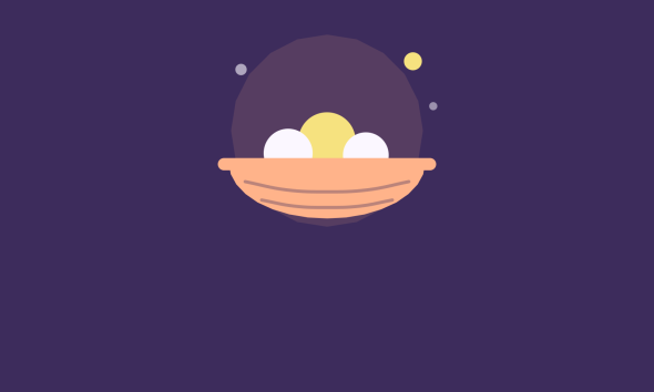 Flat illustration of three eggs, one golden, resting in a nest on a purple background, symbolizing a retirement nest egg.