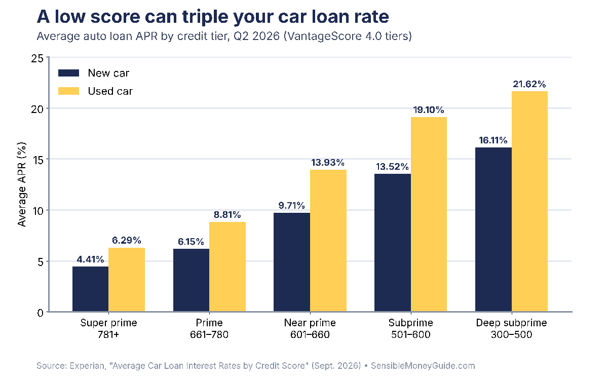 Grouped bar chart of average auto loan APRs by credit tier in Q2 2026: new cars from 4.41% for super prime to 16.11% for deep subprime, and used cars from 6.29% to 21.62%.
