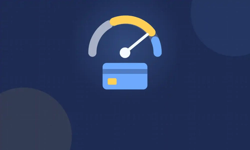 Illustration of a credit score gauge with its needle pointing high above a blue credit card.