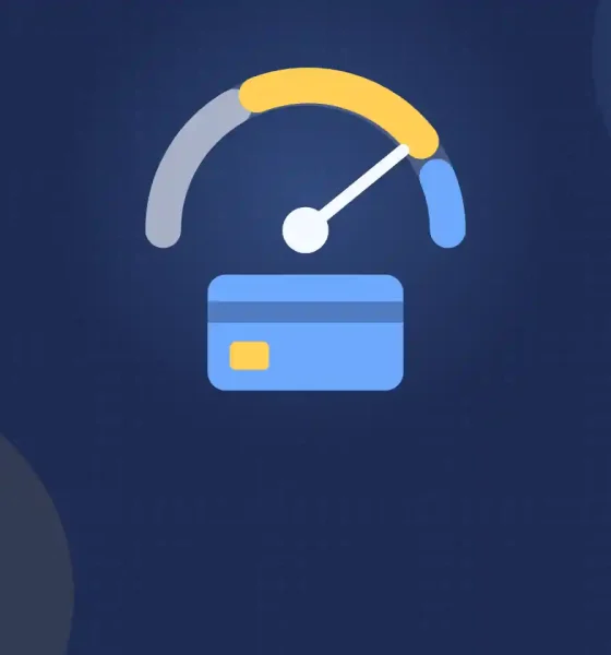 Illustration of a credit score gauge with its needle pointing high above a blue credit card.