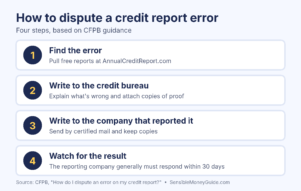 Four-step infographic: find the error, write to the credit bureau, write to the company that reported it, and watch for the result within about 30 days.