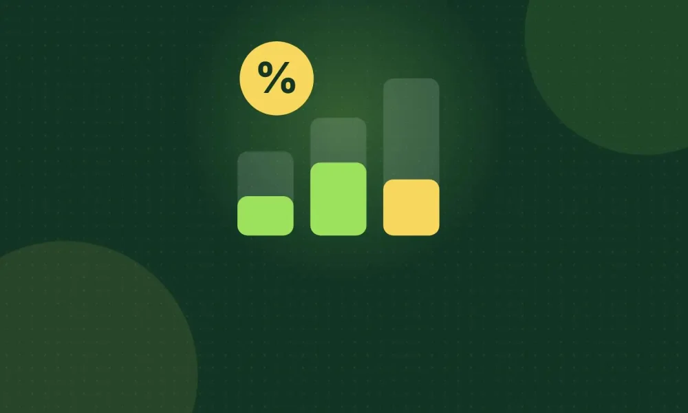 Illustration of three rising bars partly filled, like tax brackets, beside a percent sign
