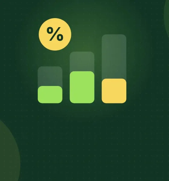 Illustration of three rising bars partly filled, like tax brackets, beside a percent sign