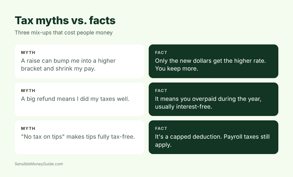 Myth vs. fact card: a raise can't shrink your pay, a big refund means you overpaid, and no tax on tips is a capped deduction