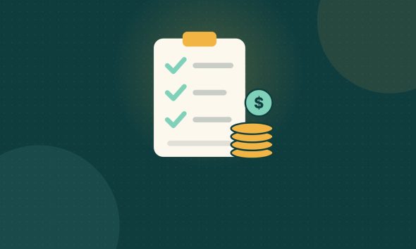 Illustration of a budget checklist on a clipboard with three check marks, a dollar coin and a stack of gold coins.