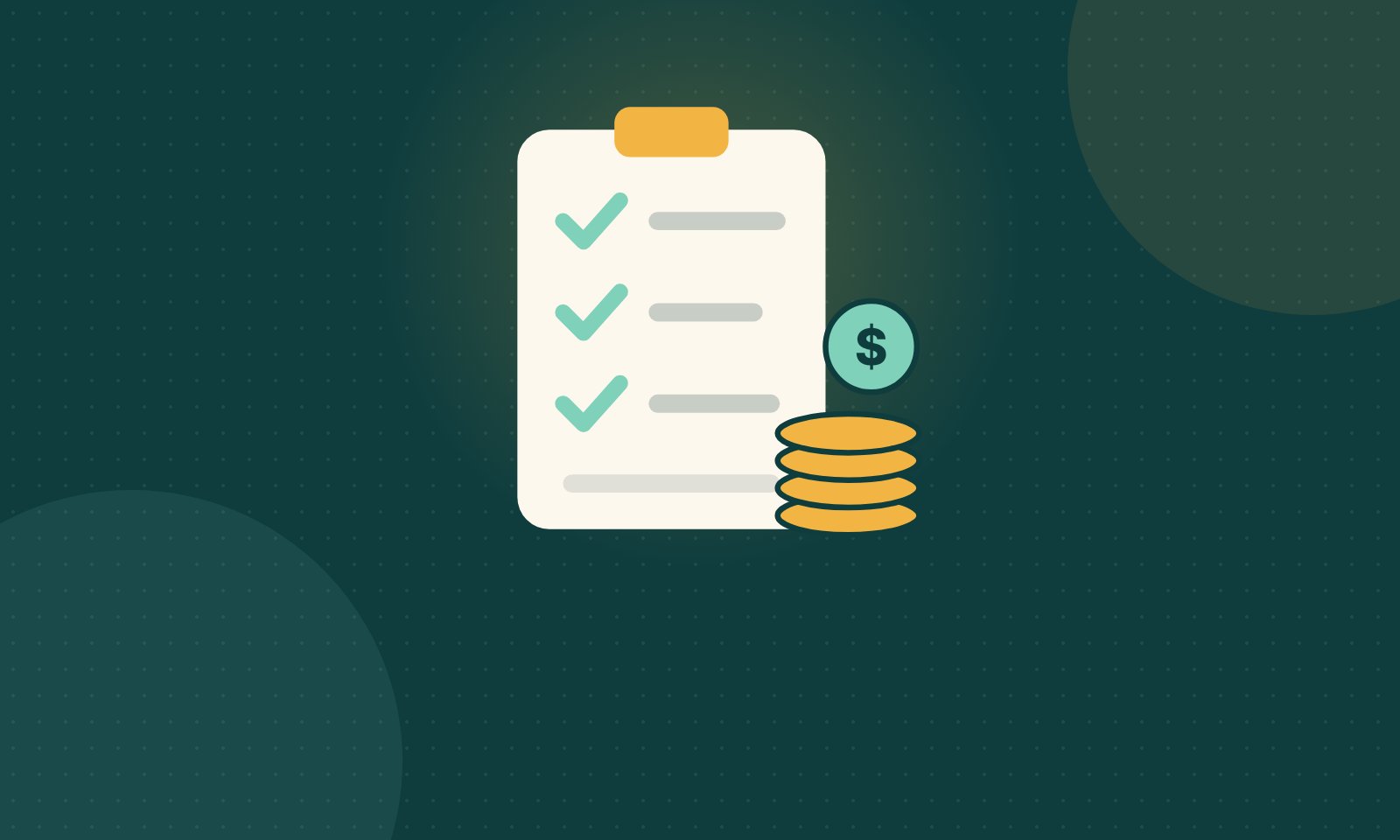 Illustration of a budget checklist on a clipboard with three check marks, a dollar coin and a stack of gold coins.