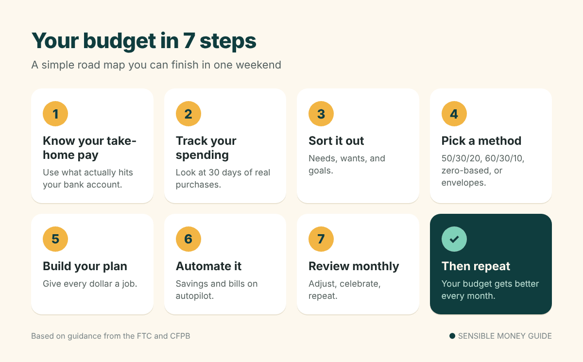 Infographic of the 7 budgeting steps: know your take-home pay, track spending, sort it out, pick a method, build your plan, automate it, and review monthly.
