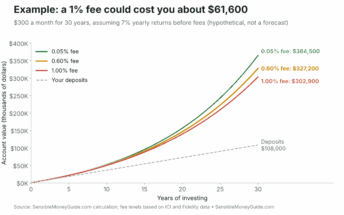 Line chart of a hypothetical $300 monthly investment over 30 years at 7% before fees, ending at about $364,500 with a 0.05% fee, $327,200 with a 0.60% fee and $302,900 with a 1.00% fee, versus $108,000 in deposits