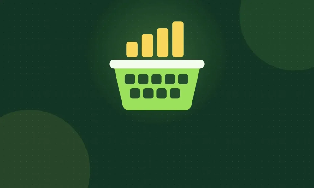Illustration of a green basket holding many small squares, representing an index fund that owns many stocks, with rising yellow bars above it