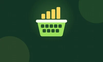 Illustration of a green basket holding many small squares, representing an index fund that owns many stocks, with rising yellow bars above it