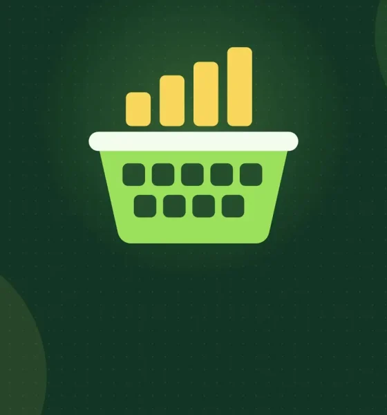 Illustration of a green basket holding many small squares, representing an index fund that owns many stocks, with rising yellow bars above it