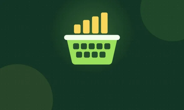 Illustration of a green basket holding many small squares, representing an index fund that owns many stocks, with rising yellow bars above it