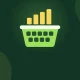 Illustration of a green basket holding many small squares, representing an index fund that owns many stocks, with rising yellow bars above it