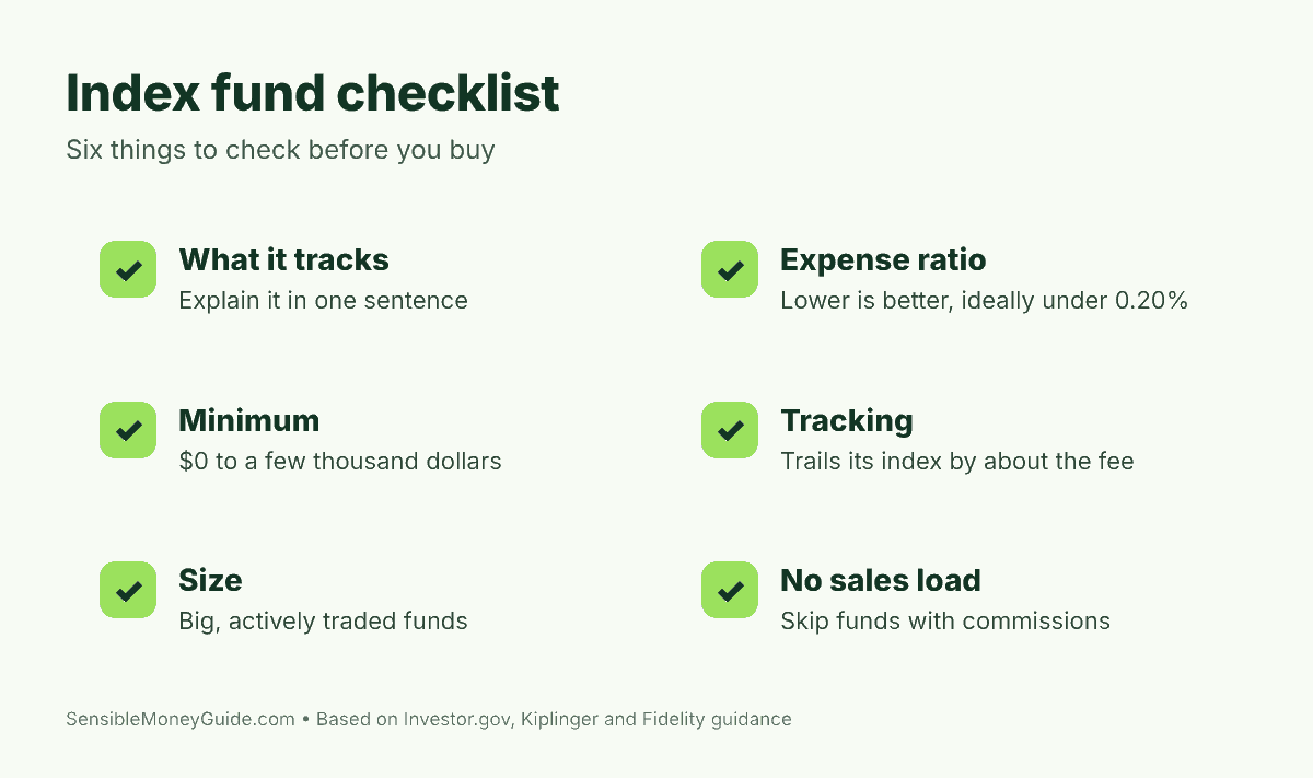 Checklist of six things to check before buying an index fund: what it tracks, expense ratio, minimum, tracking, size and no sales load