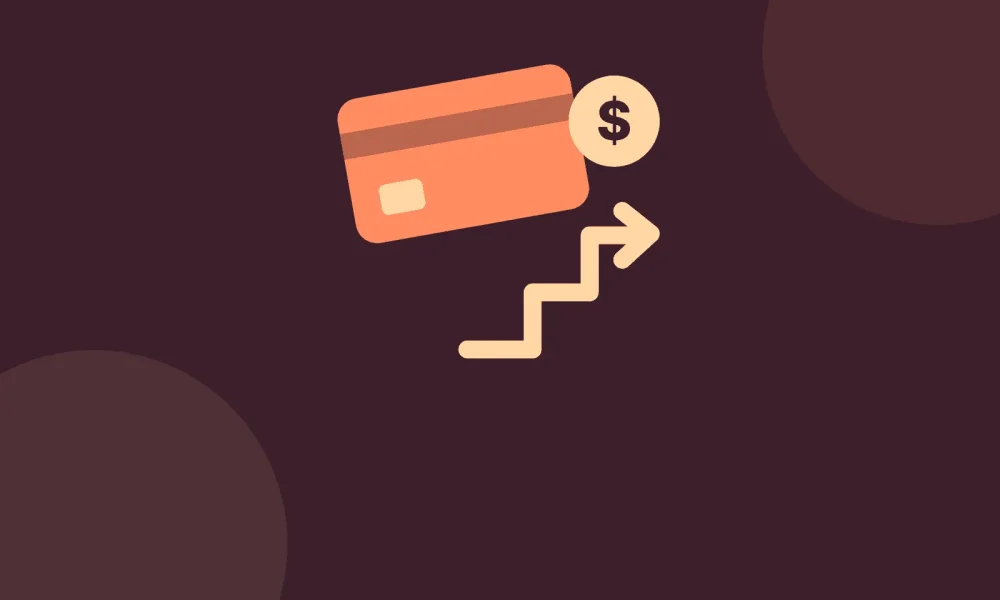 Illustration of a credit card beside a rising staircase arrow and a dollar coin, symbolizing paying down credit card debt step by step.