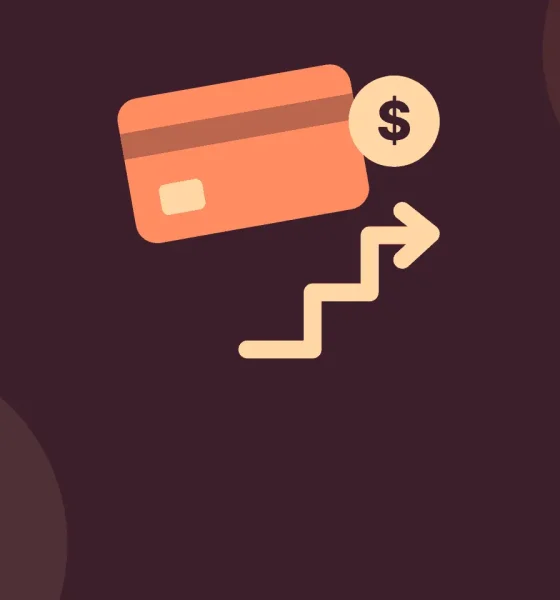 Illustration of a credit card beside a rising staircase arrow and a dollar coin, symbolizing paying down credit card debt step by step.