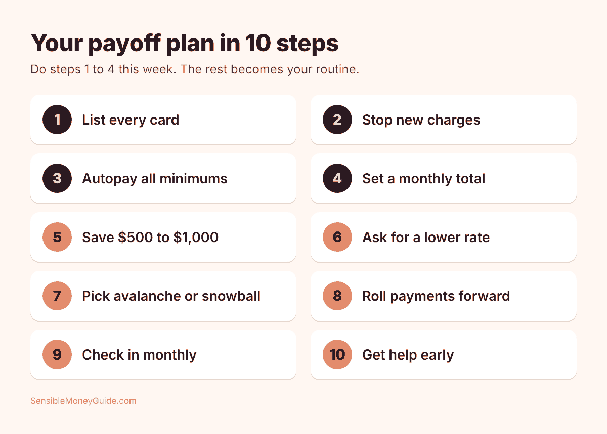 Infographic of a 10-step credit card payoff plan: list every card, stop new charges, autopay all minimums, set a monthly total, save $500 to $1,000, ask for a lower rate, pick avalanche or snowball, roll payments forward, check in monthly and get help early.