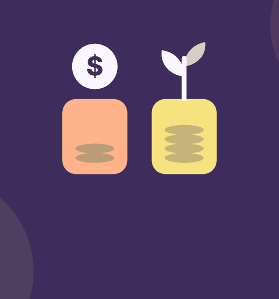 Illustration of two savings jars, one with a dollar coin above it and one with a sprouting plant, representing paying tax now or later.