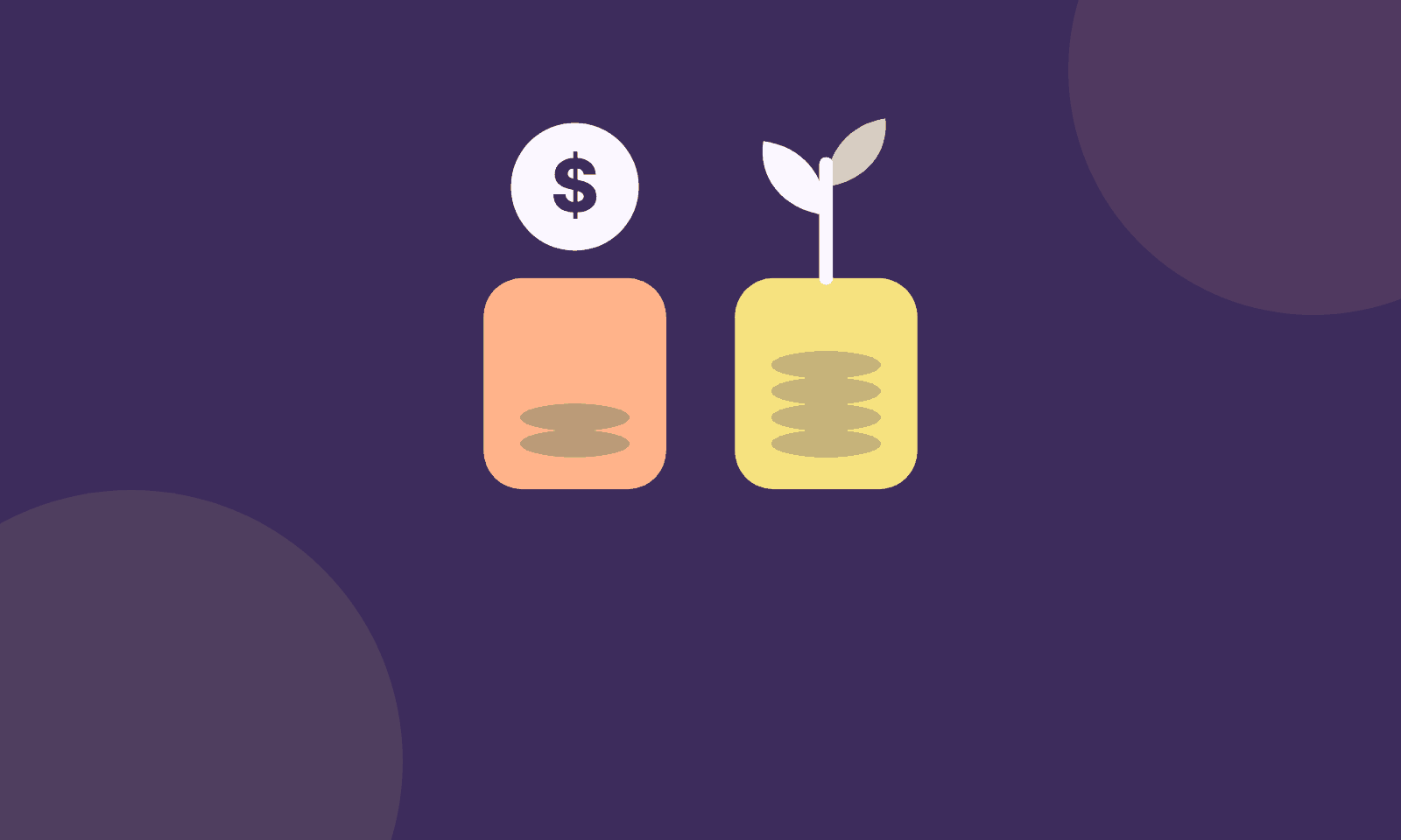 Illustration of two savings jars, one with a dollar coin above it and one with a sprouting plant, representing paying tax now or later.