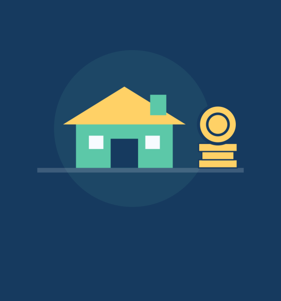 Illustration of a small house next to a stack of gold coins on a dark blue background