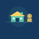 Illustration of a small house next to a stack of gold coins on a dark blue background