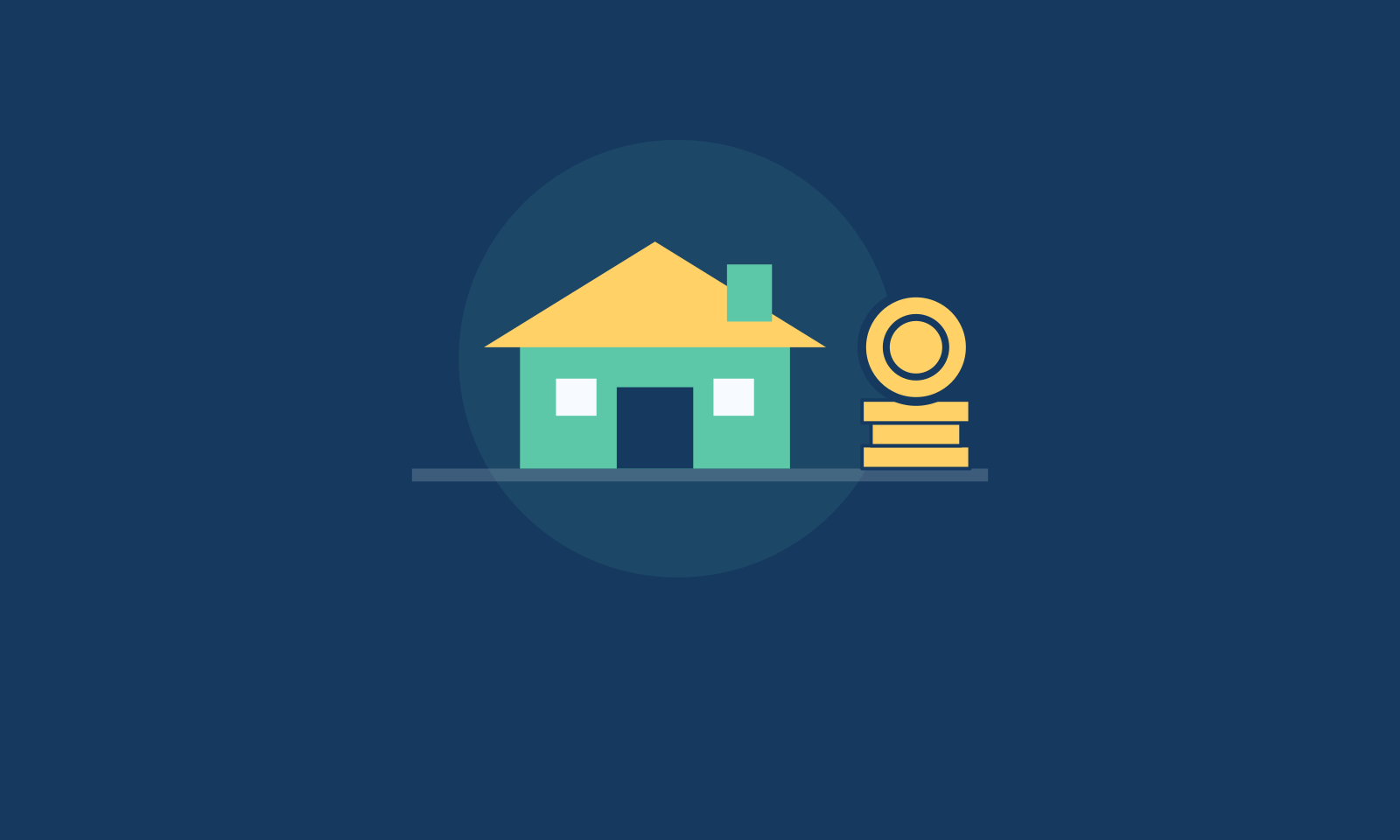Illustration of a small house next to a stack of gold coins on a dark blue background