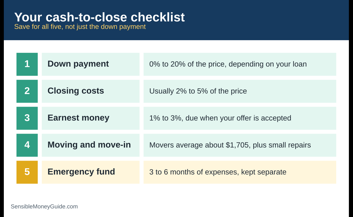Checklist infographic of five things to save for when buying a home: down payment, closing costs, earnest money, moving and move-in costs, and a separate emergency fund.